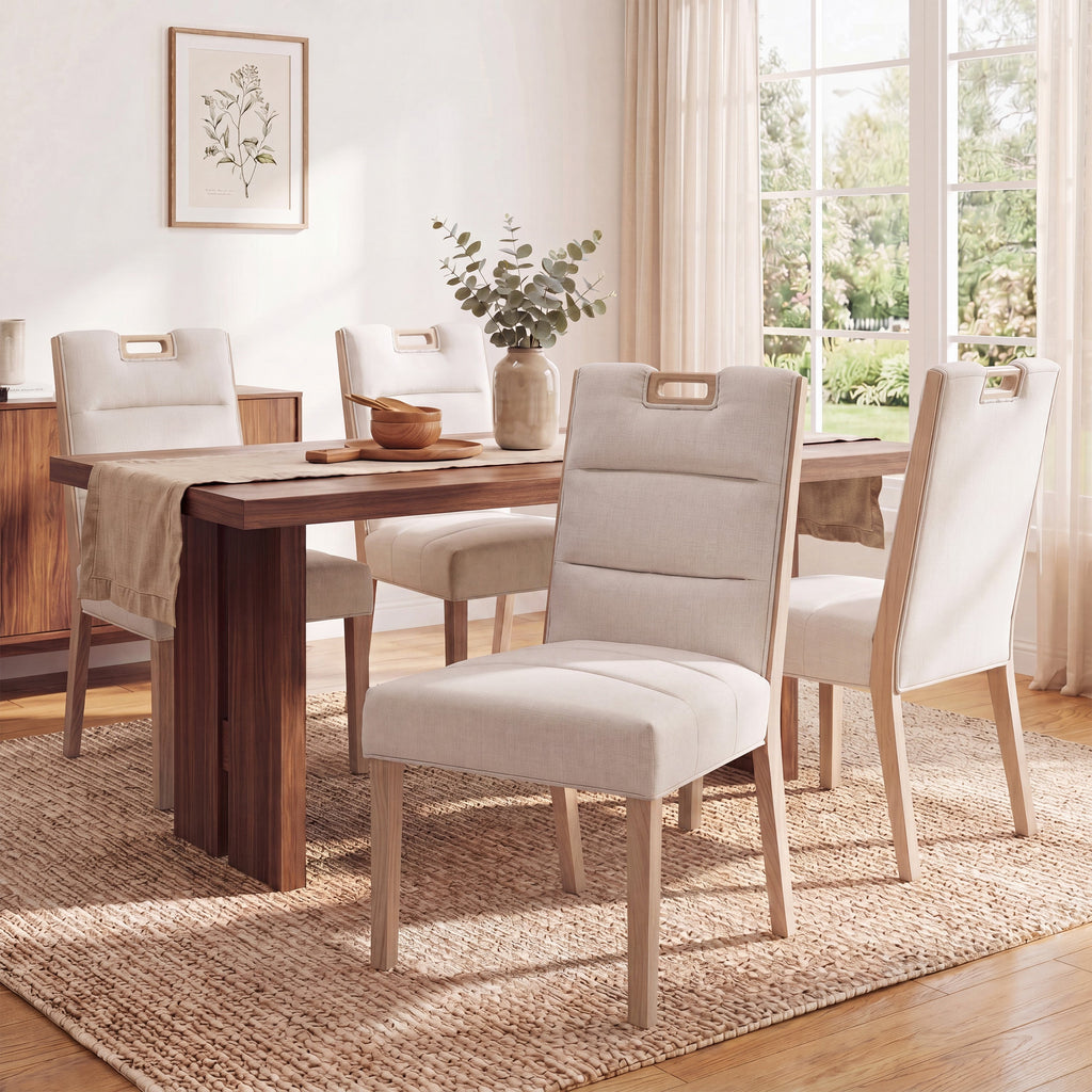 Upholstered Armless Dining Chairs with Solid Rubber Wood Frame - Beige