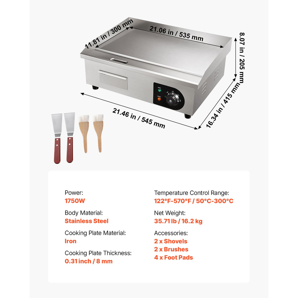 Commercial Electric Griddle - 21 x 11.8 Inch, 1750W