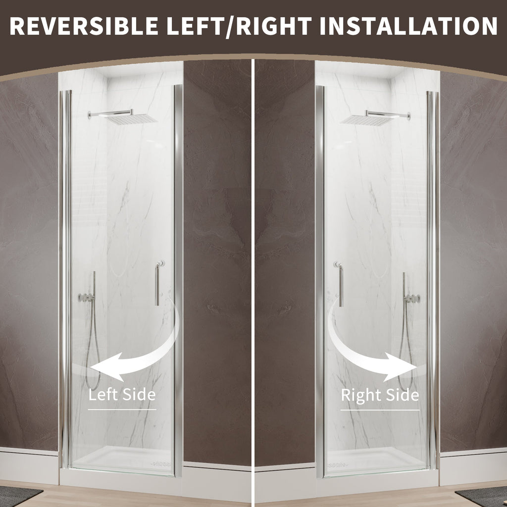 34 to 36 Inch Semi-Frameless Pivot Shower Door with Adjustable Reversible Design - Silver