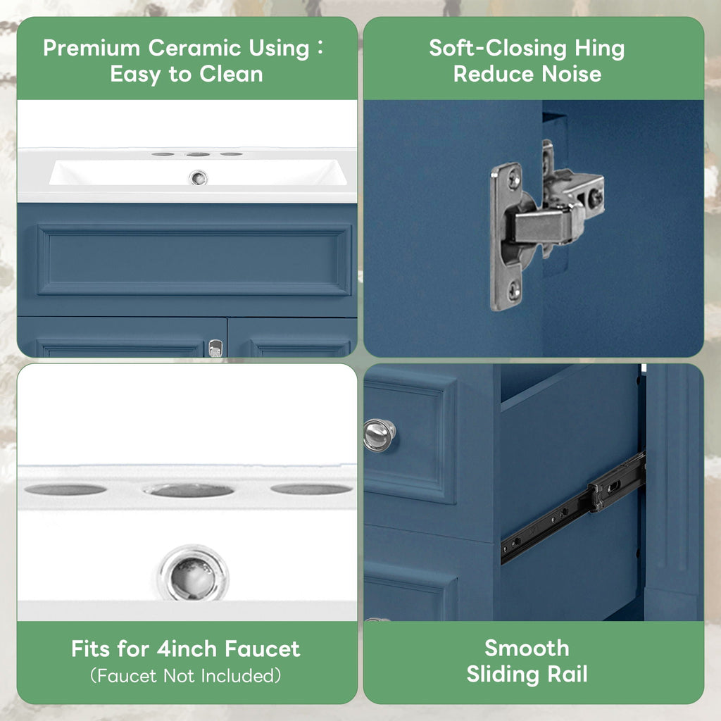 Blue Bathroom Vanity With Ceramic Sink, Two Drawers and Adjustable Shelf
