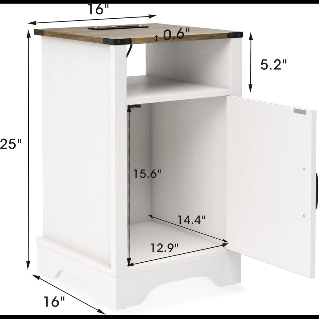 Farmhouse Nightstand with Charging Station & Storage - White