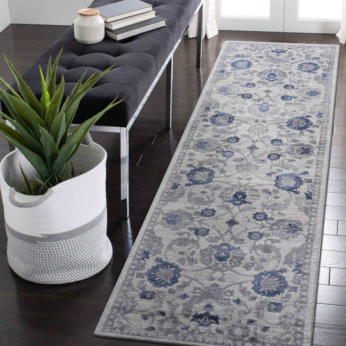 Oriental Runner Rug with Non-Shedding Polypropylene - Blue or Gray
