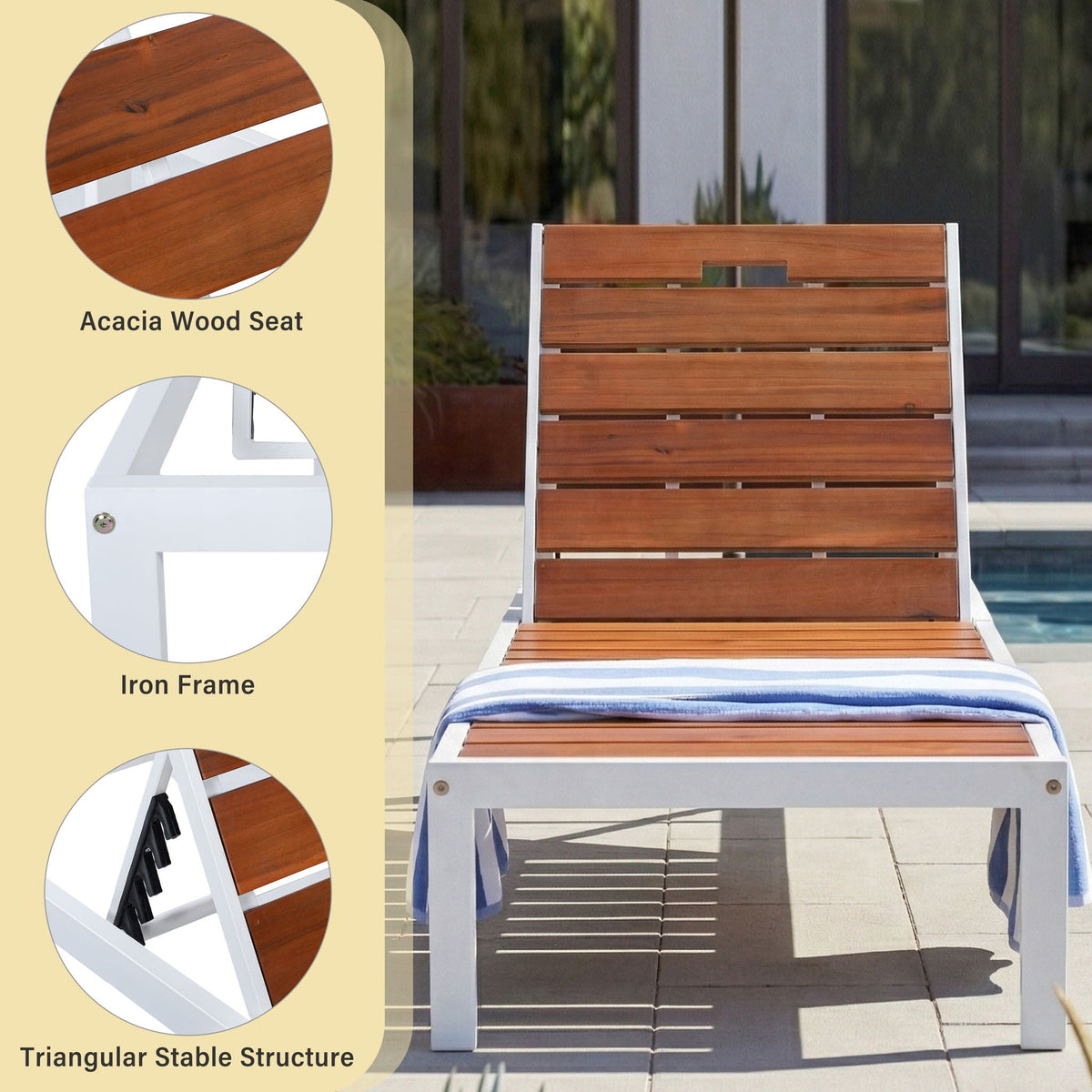 Outdoor Chaise Lounge Chair with Adjustable Backrest - Brown / White