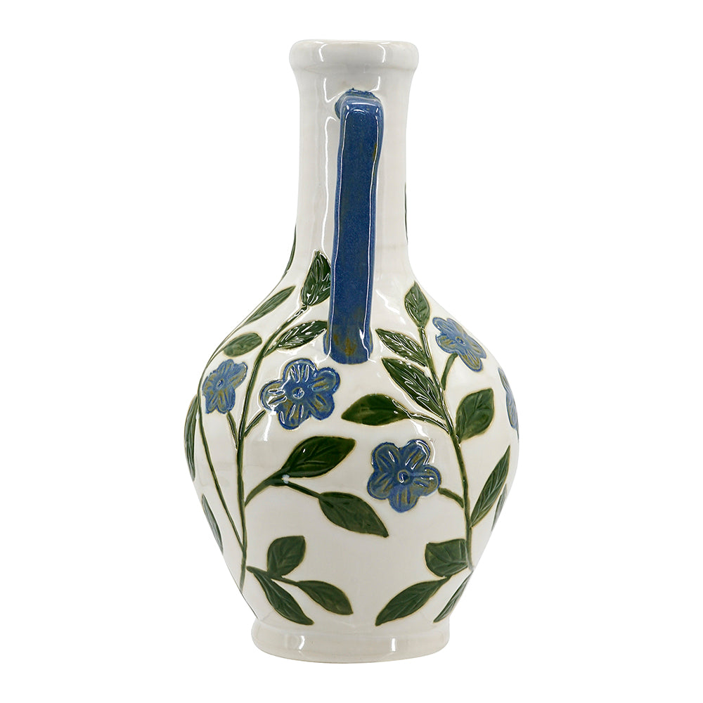 Floral Amphora Ceramic Vase with Elegant Floral Design - Blue, Green & White