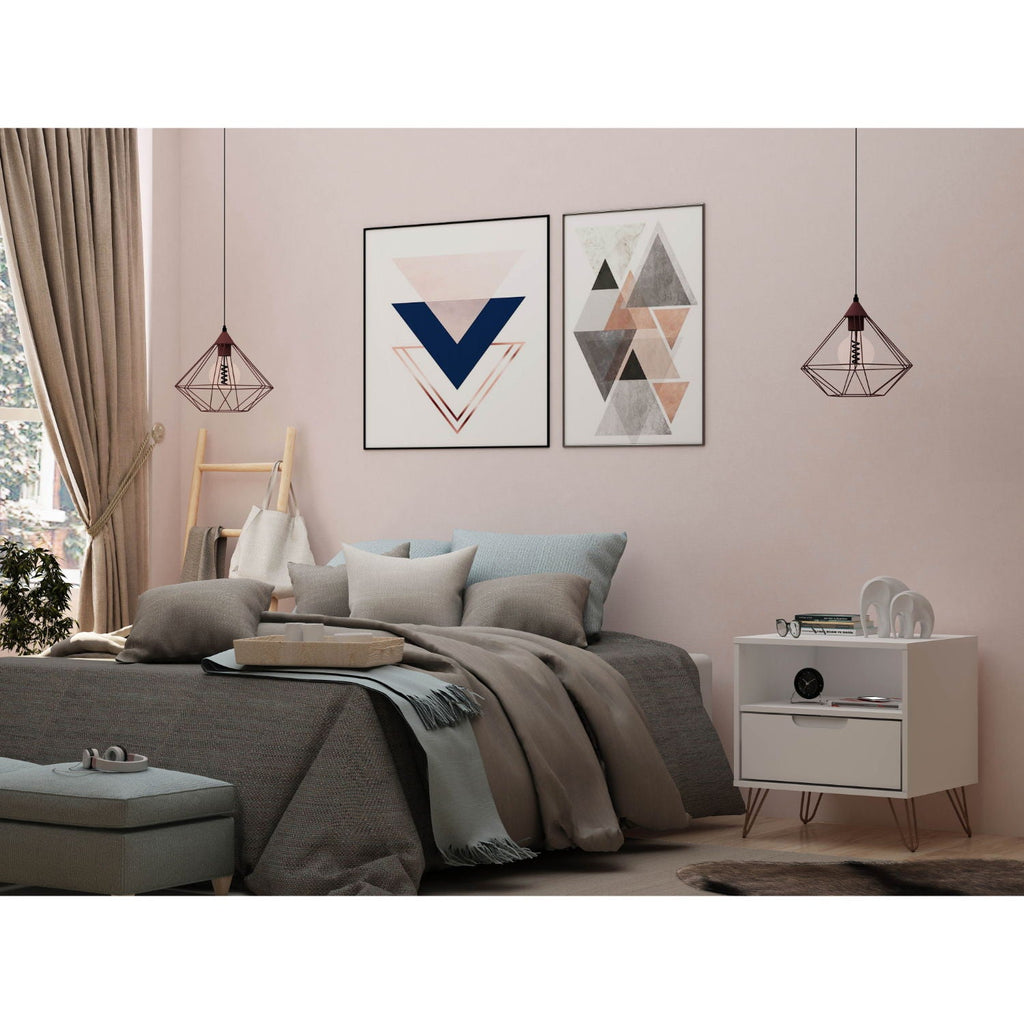 White Nightstand with 1 Drawer and Metal Legs - Rockefeller