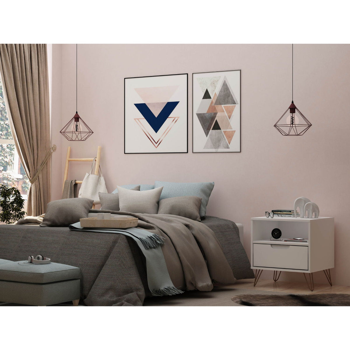 White Nightstand with 1 Drawer and Metal Legs - Rockefeller