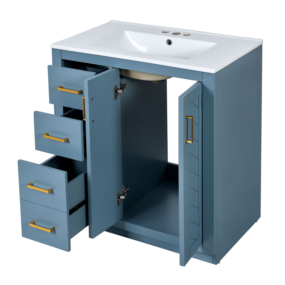 Ceramic Sink Vanity Combo with 3 Drawers and Soft Closing Doors - 30"