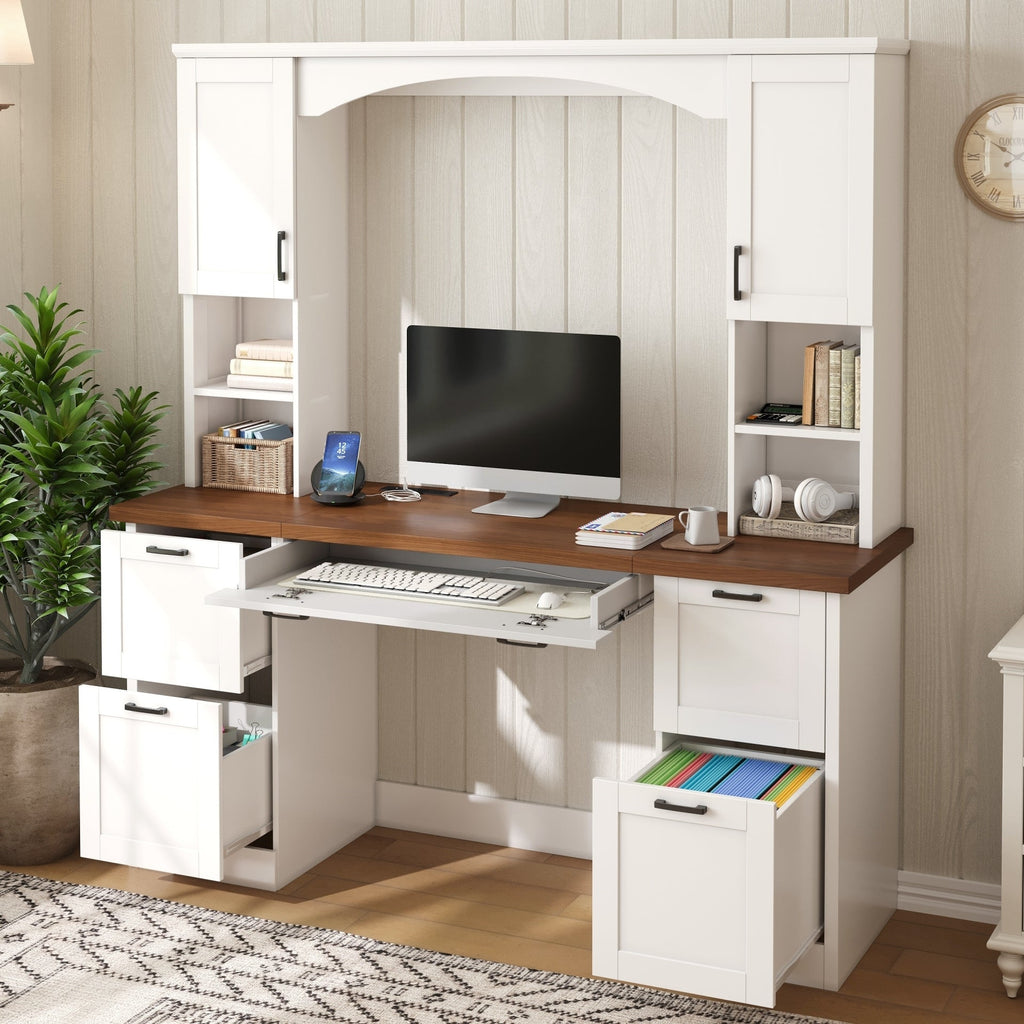 Farmhouse Arched Computer Desk with Hutch - White