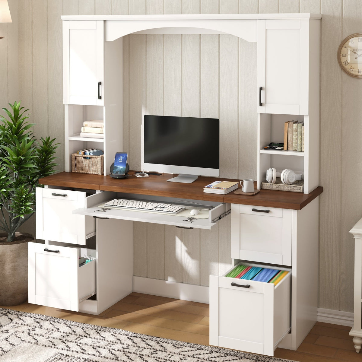 Farmhouse Arched Computer Desk with Hutch - White