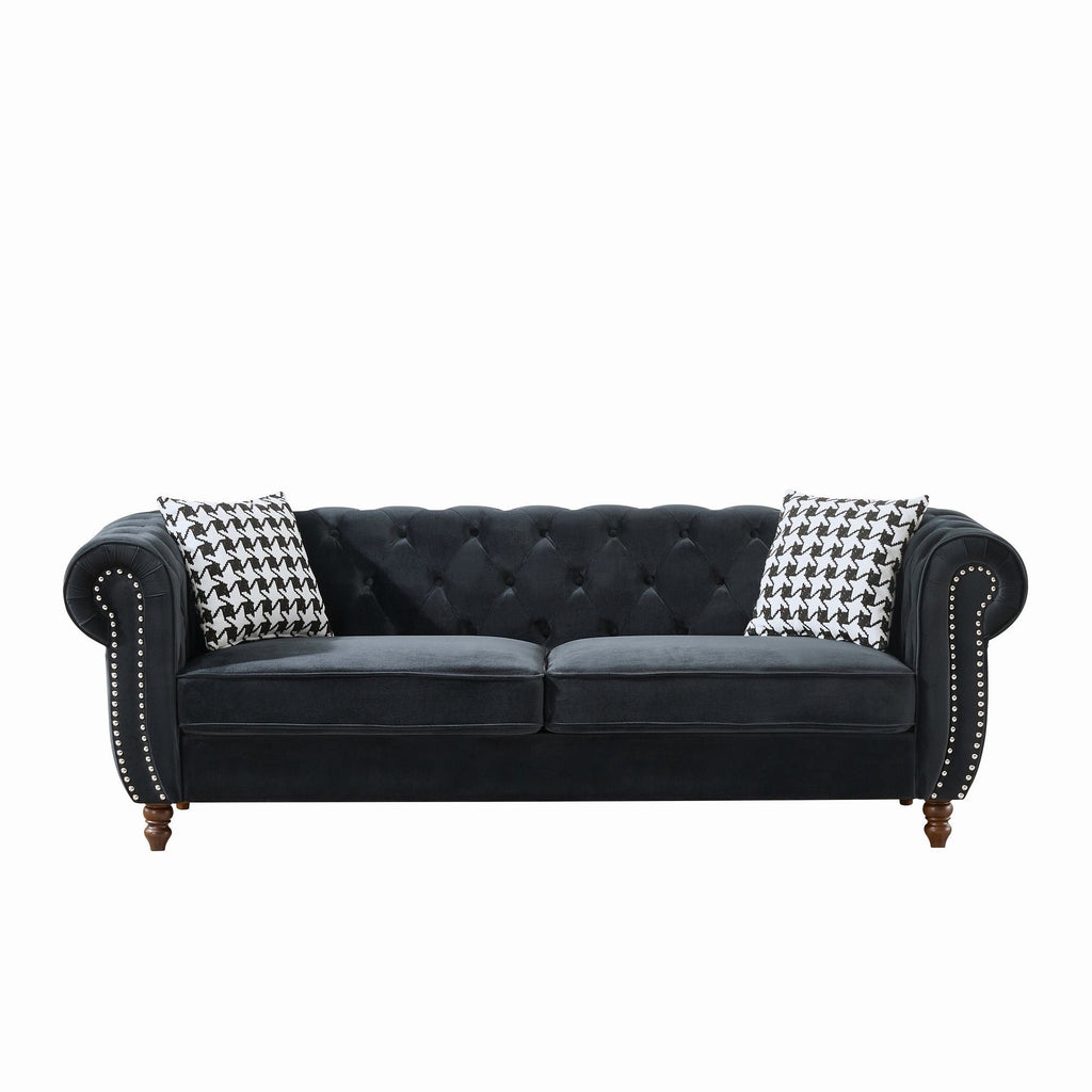 Chesterfield 3 And 2 Seater Upholstery Sofa with Roll Armrest & Nailhead Fabric Couch - Black