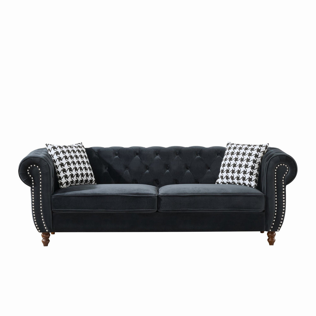 Chesterfield 3 And 2 Seater Upholstery Sofa with Roll Armrest & Nailhead Fabric Couch - Black