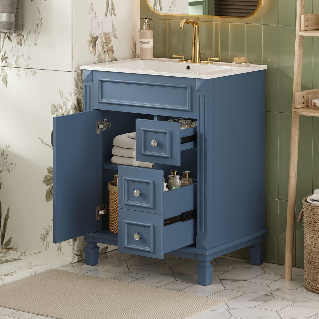 Blue Bathroom Vanity With Ceramic Sink, Two Drawers and Adjustable Shelf