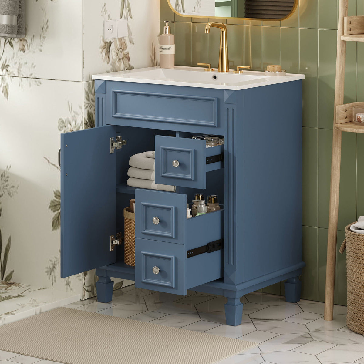 Blue Bathroom Vanity With Ceramic Sink, Two Drawers and Adjustable Shelf