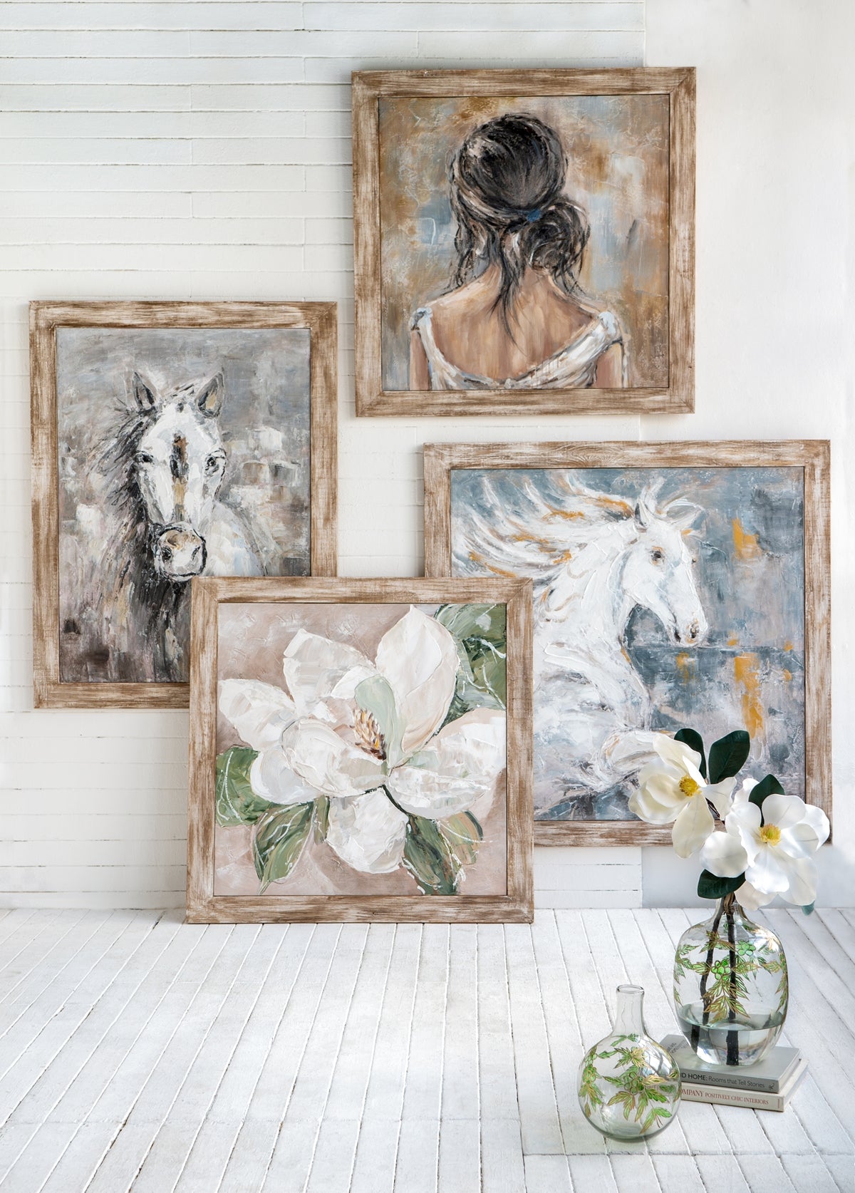 Hand-Painted White Horse Wall Art with Rustic Fir Frame - Multicolor
