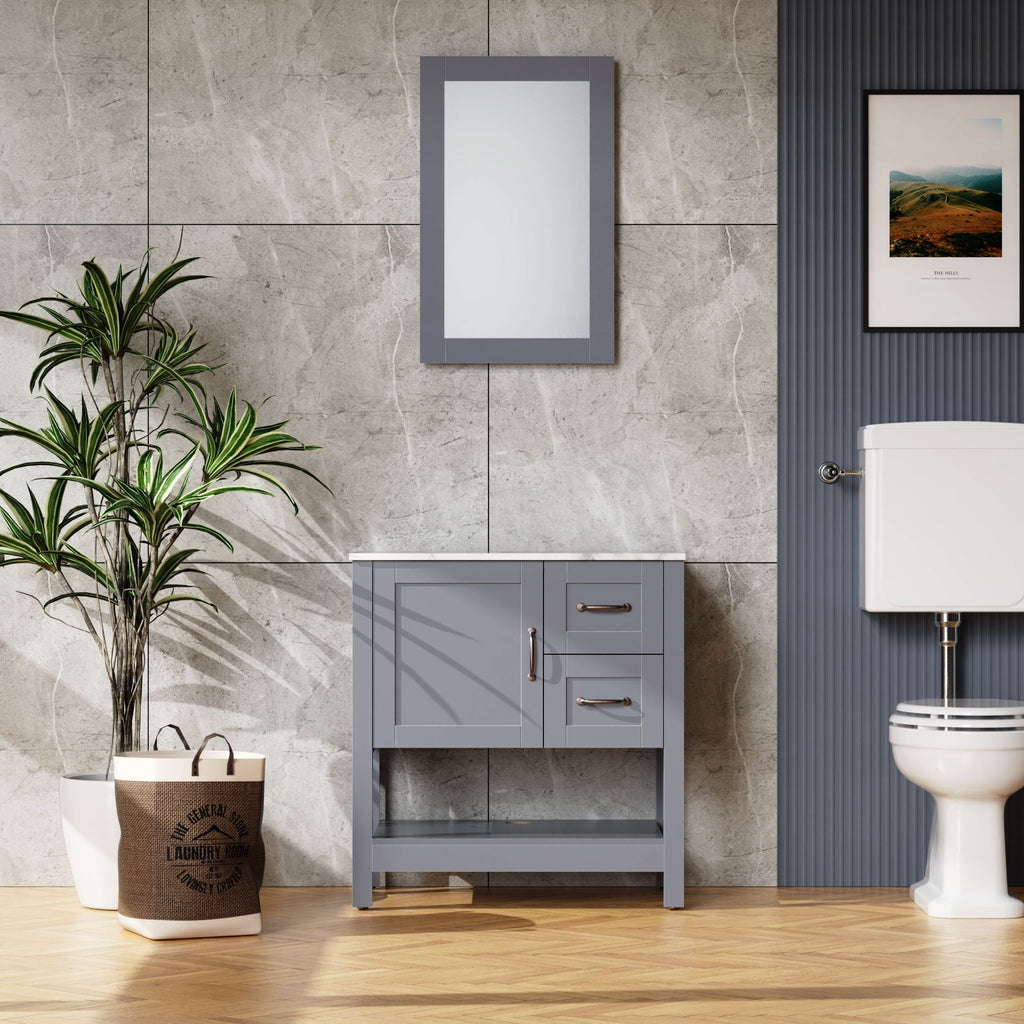 Gray Bathroom Vanity With Mirror and Marble-Pattern Top