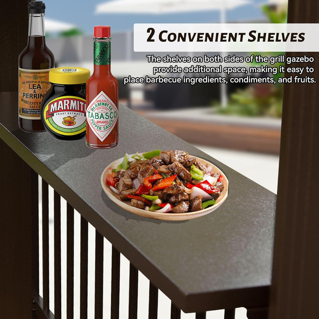 6.5x12FT Hardtop Grill Gazebo with Side Shelves - Brown