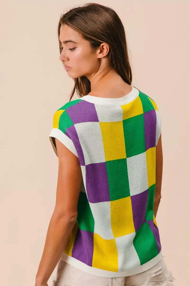 BiBi Mardi Gras Checker Pattern Sleeveless Sweater Top
