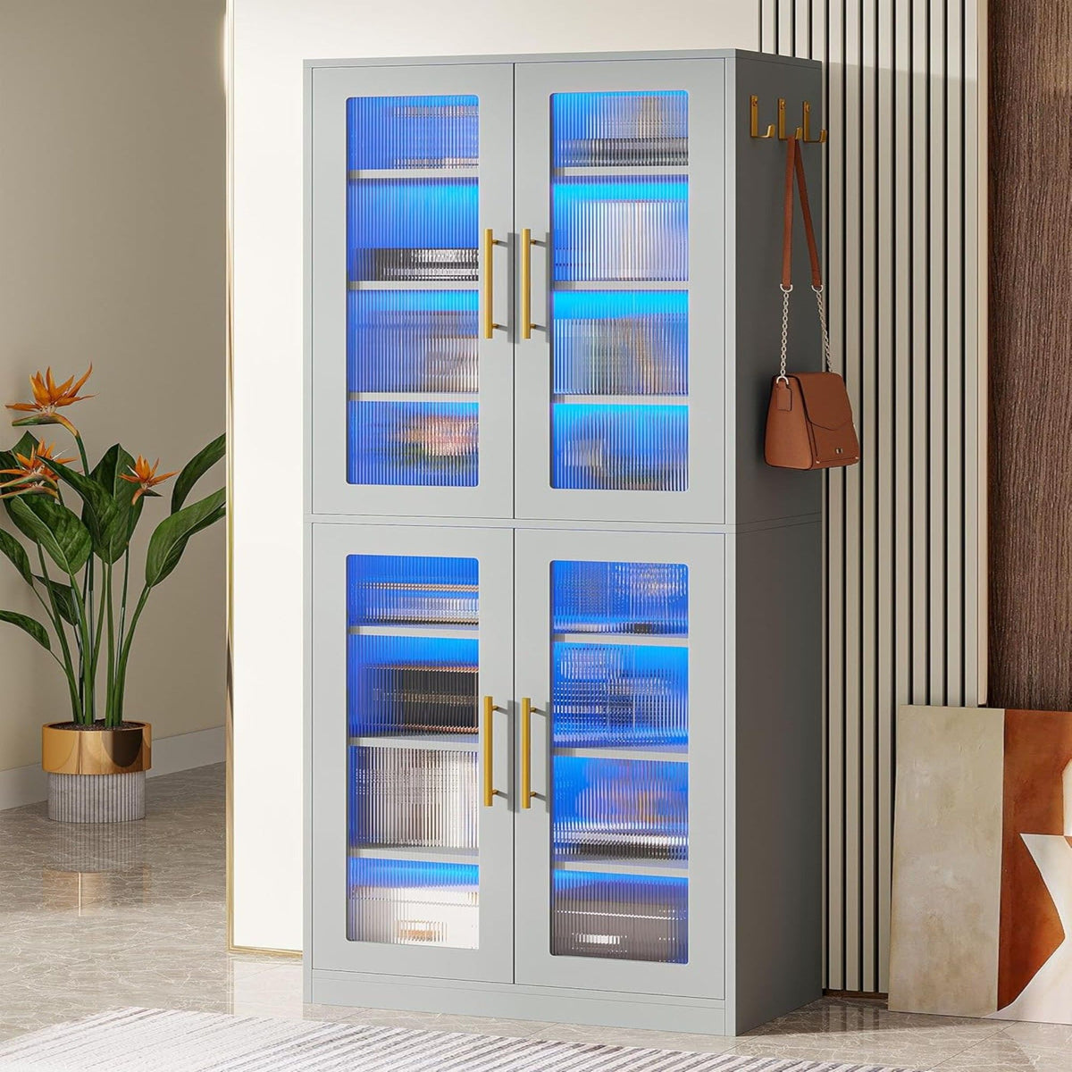 Bookcase With Doors and LED Lighting with Adjustable Shelves - Black, Gray, White