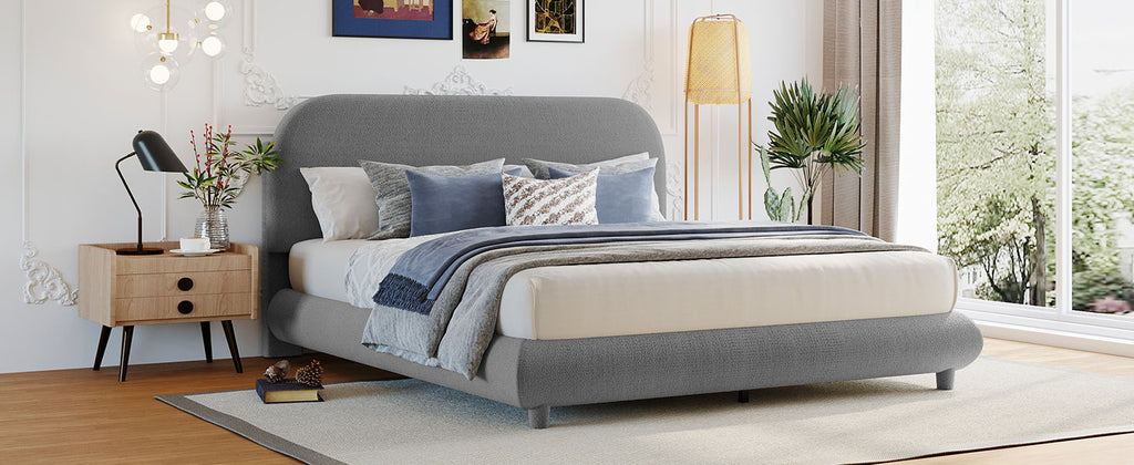 Upholstered Platform Bed With Thick Solid Frame And Stylish Curve-Shaped Design