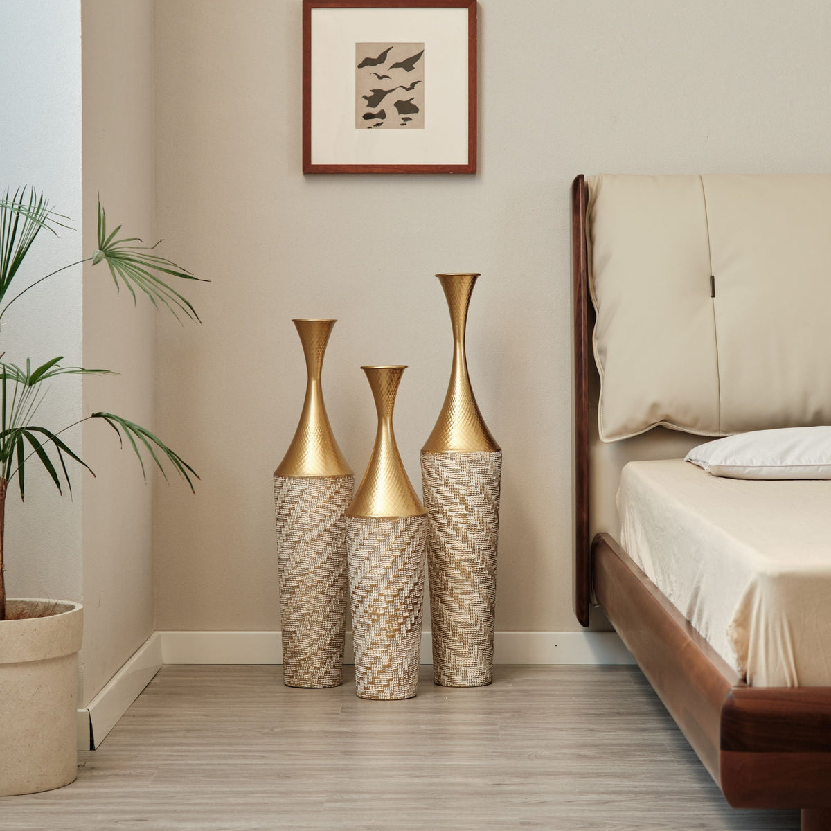 Champagne Floor Metal Vase 3-Piece Set with Woven Pattern - Modern Style