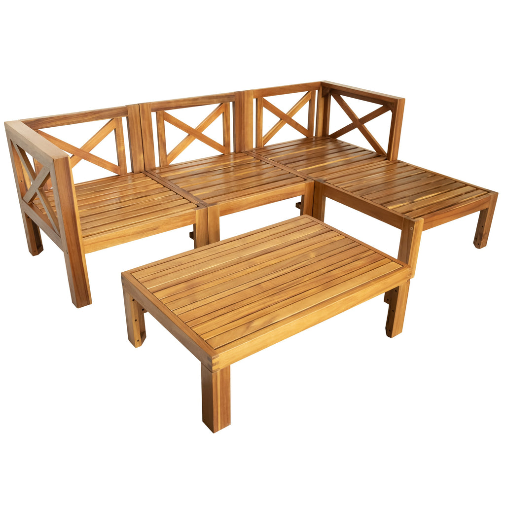 Acacia Wood Outdoor Sectional Sofa Set with Water-Resistant Cushions - Beige