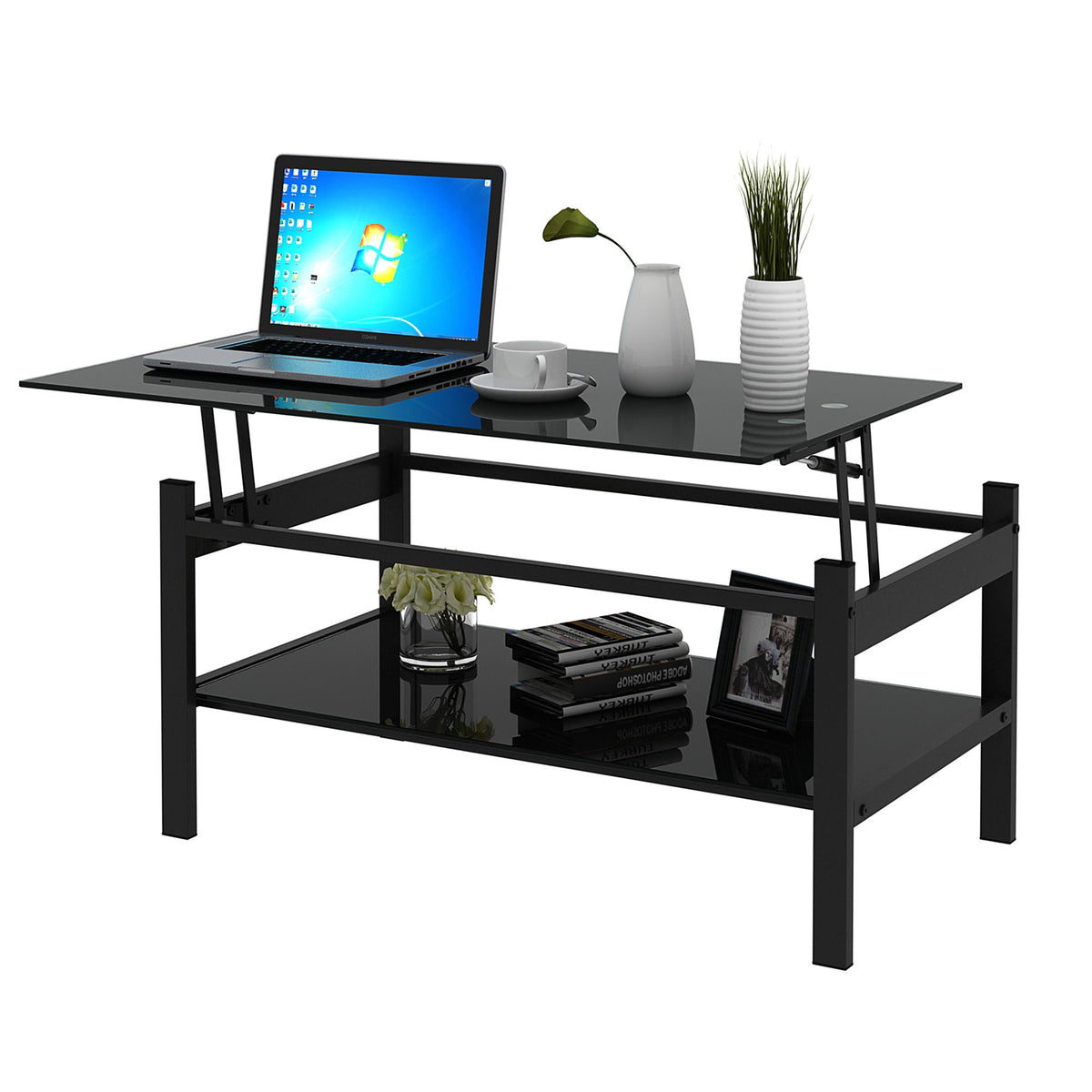 Glass Lift Top Coffee Table with Storage Shelf - Black