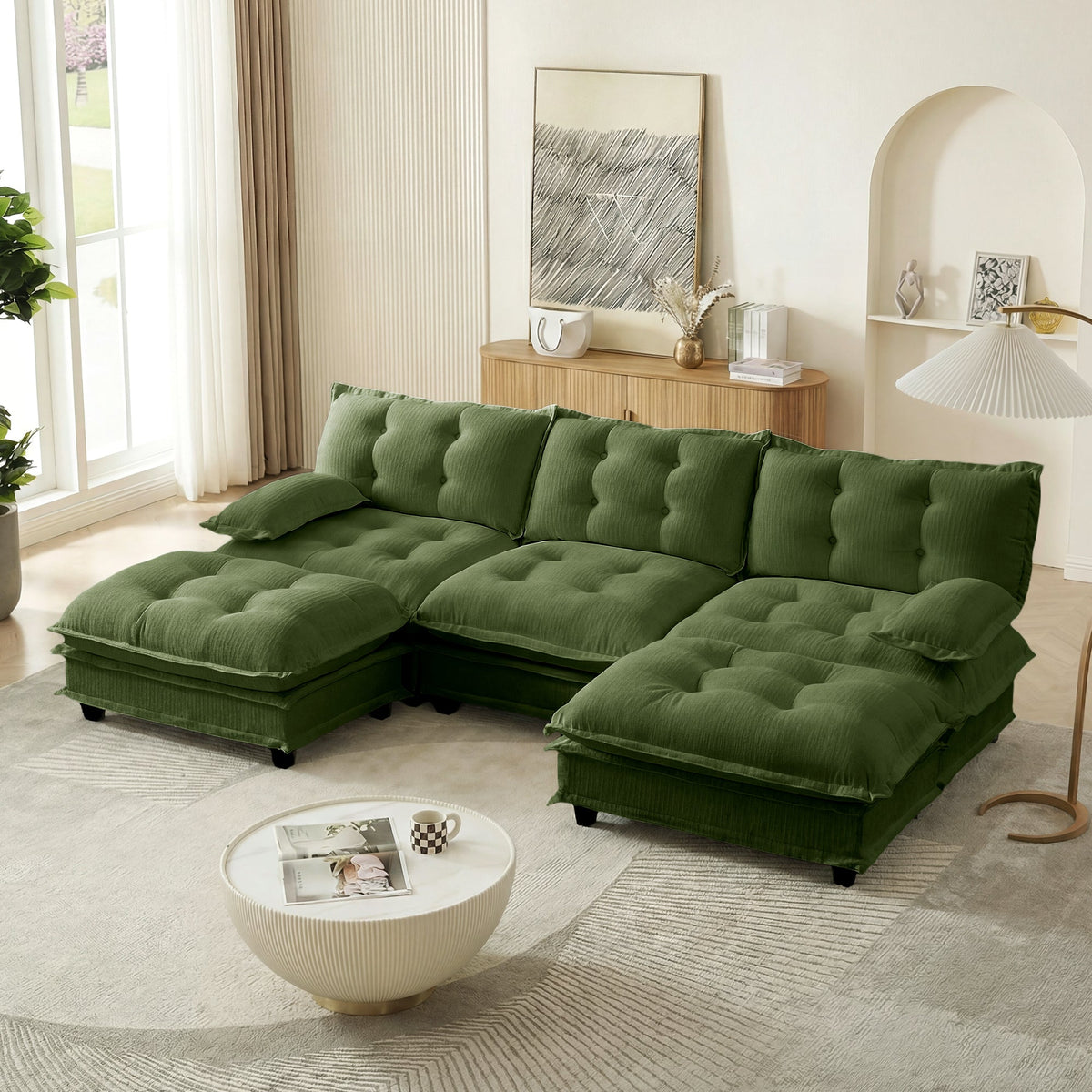 107" U Shaped Modular Sectional Sofa with Ottomans - Chenille