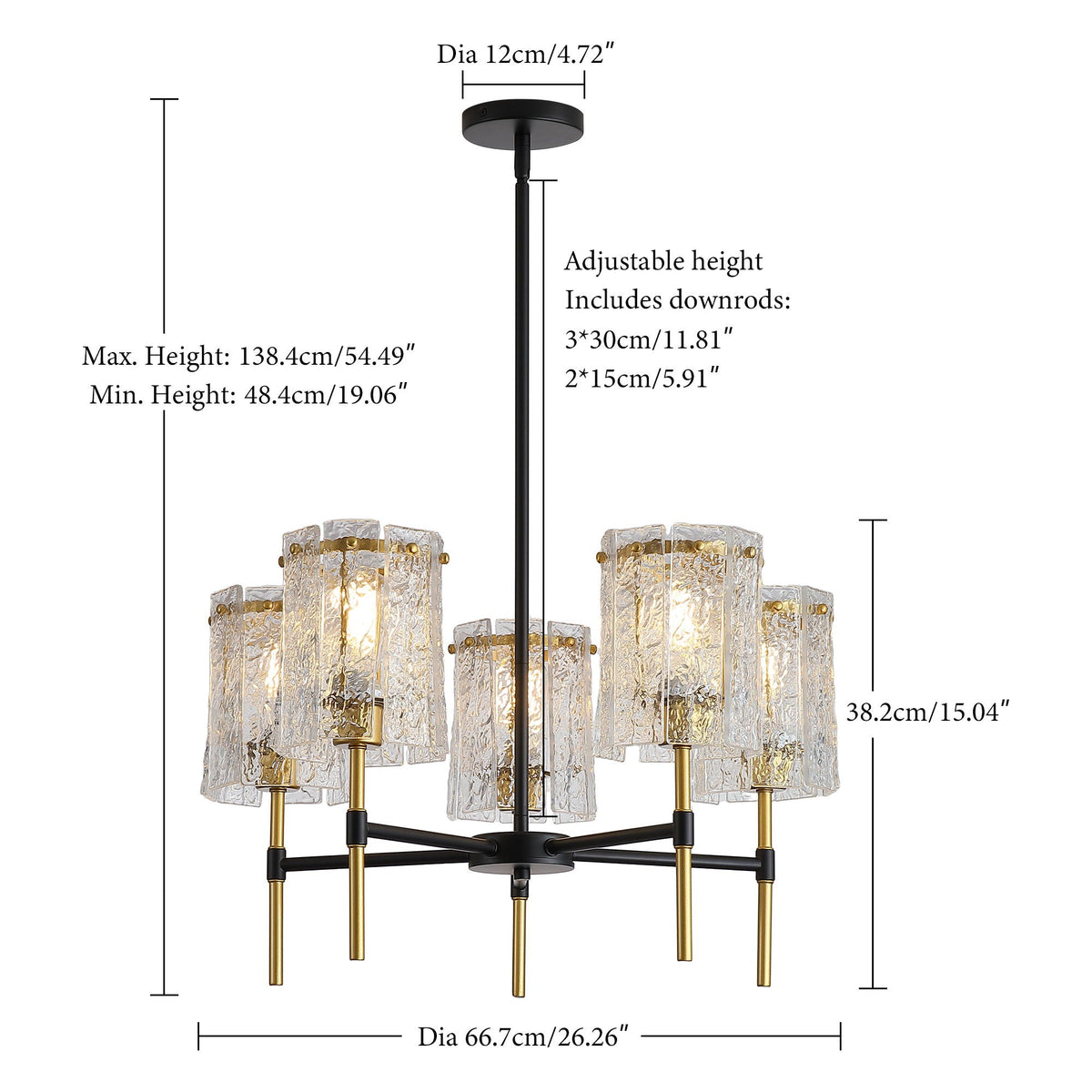 5 Light Textured Glass Chandelier with Adjustable Height - Black & Gold
