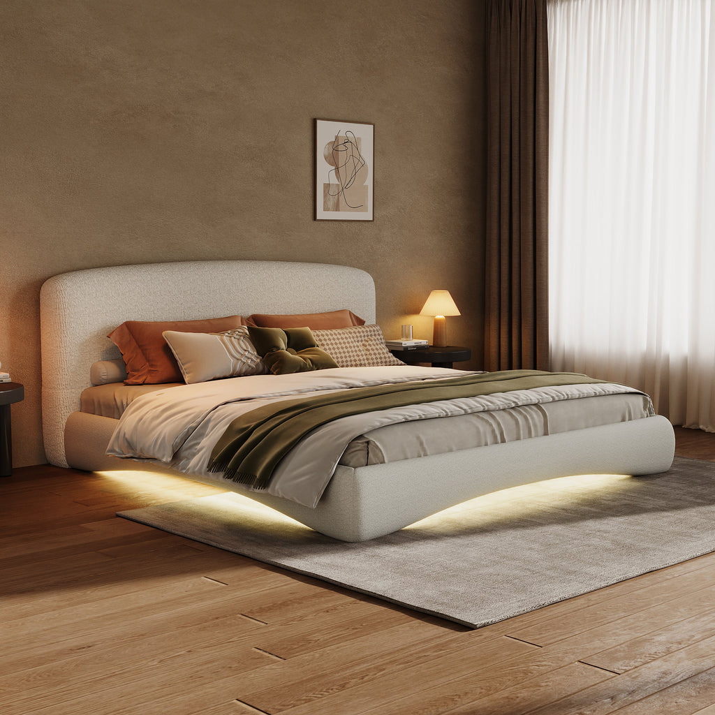 Curved Upholstered Bed with Smart Ambient Lighting - Boucle Fabric