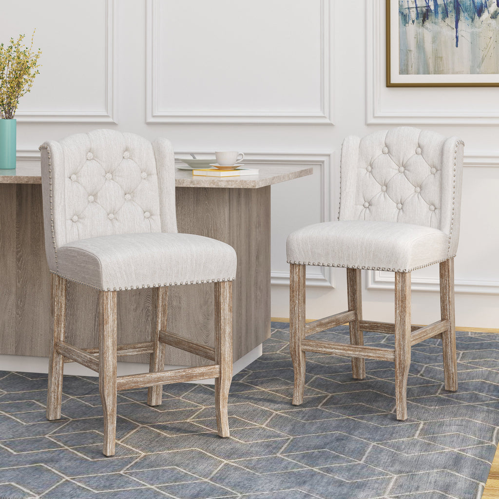 Beige Vienna Contemporary Fabric Tufted Wingback Counter Stools with 26.78'' Seat Height - Set of 2