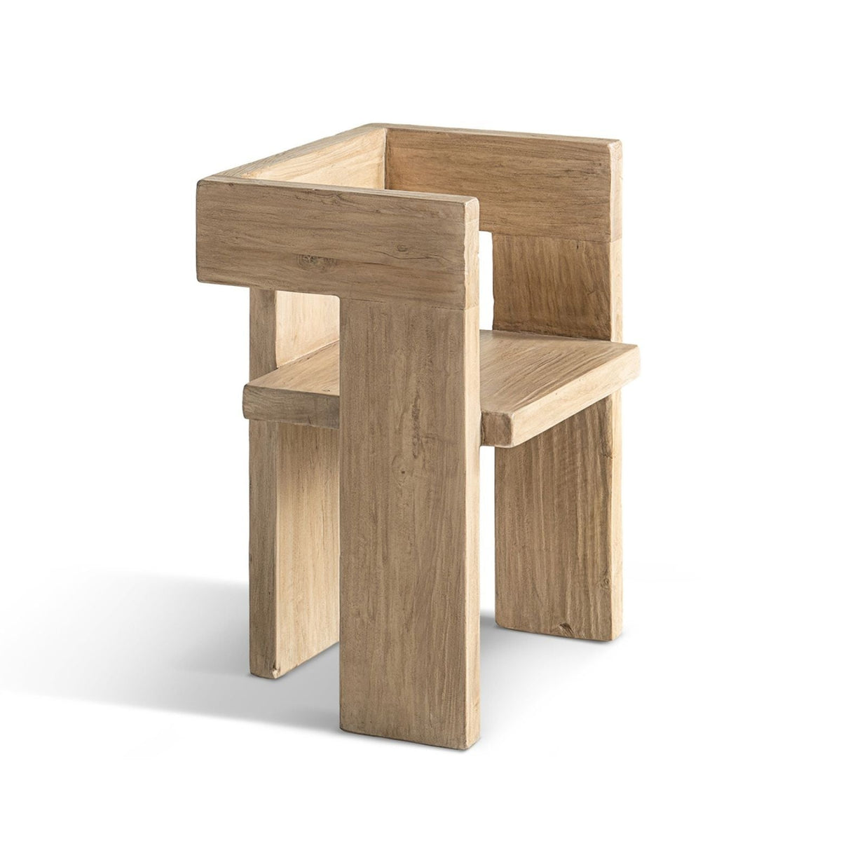Sculptural Block Accent Chair with Reclaimed Elm Construction - Brown