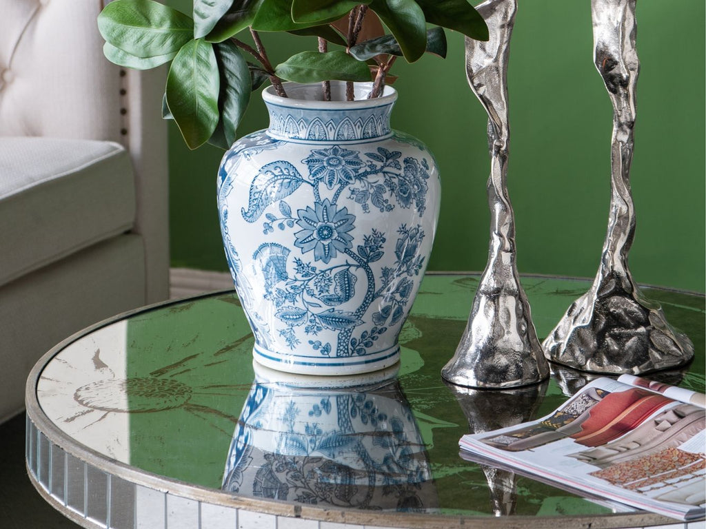 Mirrored Round Coffee Table with Floral Design - Pearl Silver