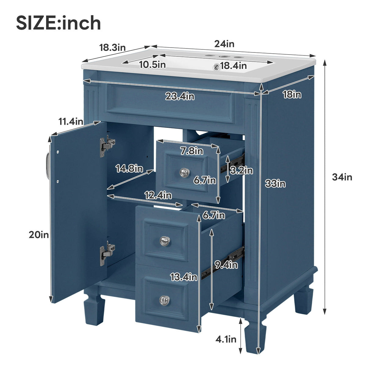 Blue Bathroom Vanity With Ceramic Sink, Two Drawers and Adjustable Shelf