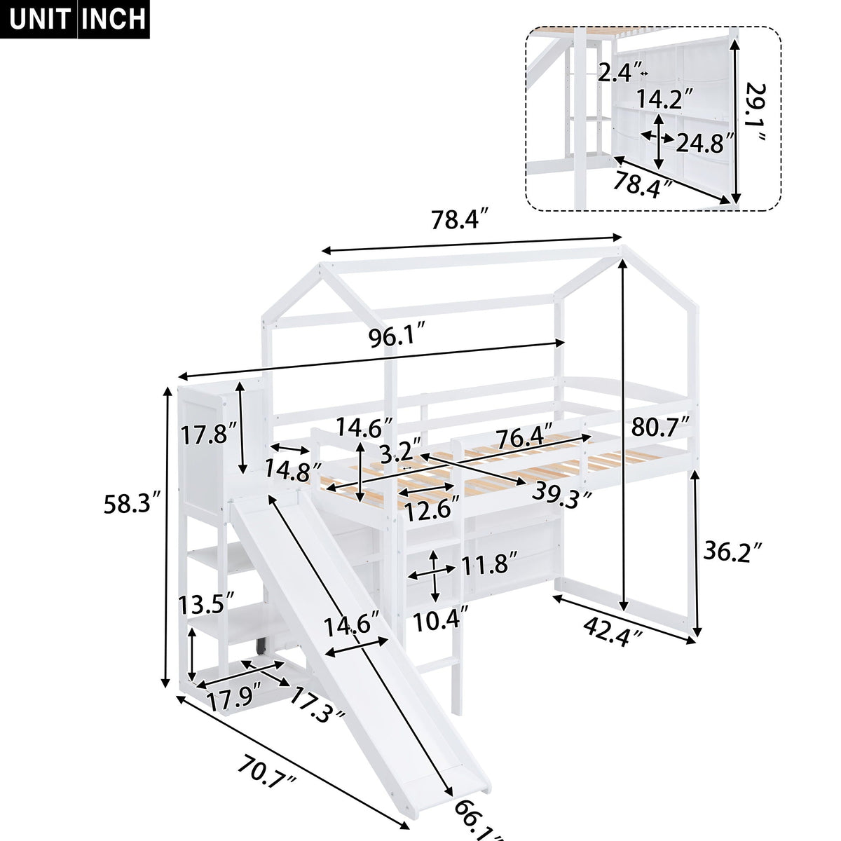 House Loft Bed with Slide and Storage Shelves - Twin with Light