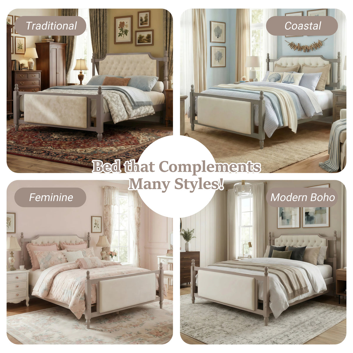 Queen Size Upholstered Platform Bed with Button Tufted Velvet Headboard - Taupe or Brown