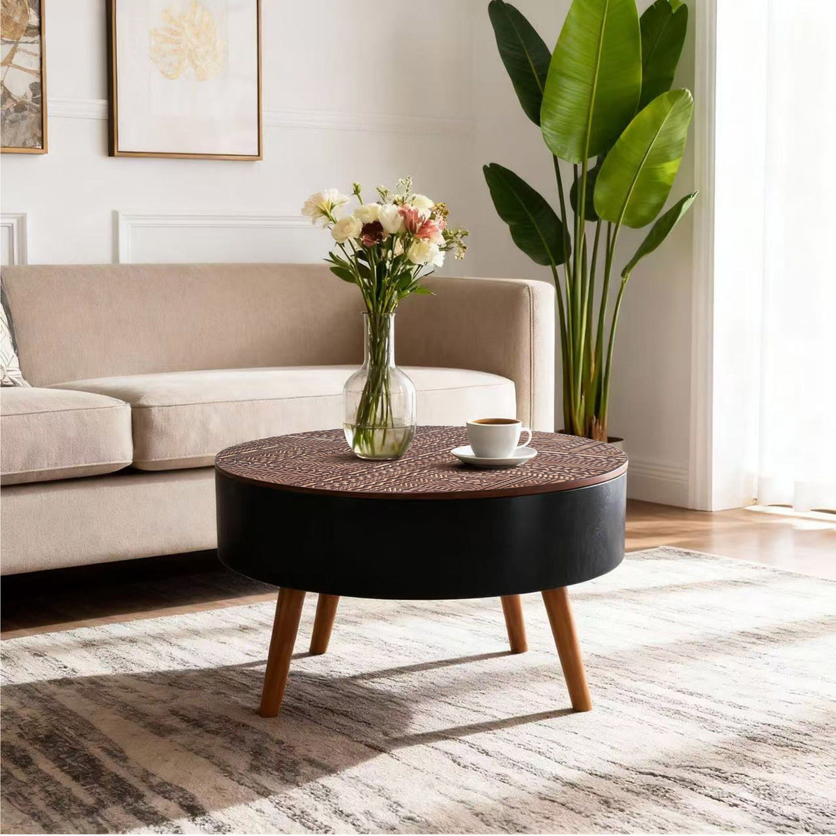 Round Coffee Table with Storage Function - Carved Wood Top - Dark Brown or Black