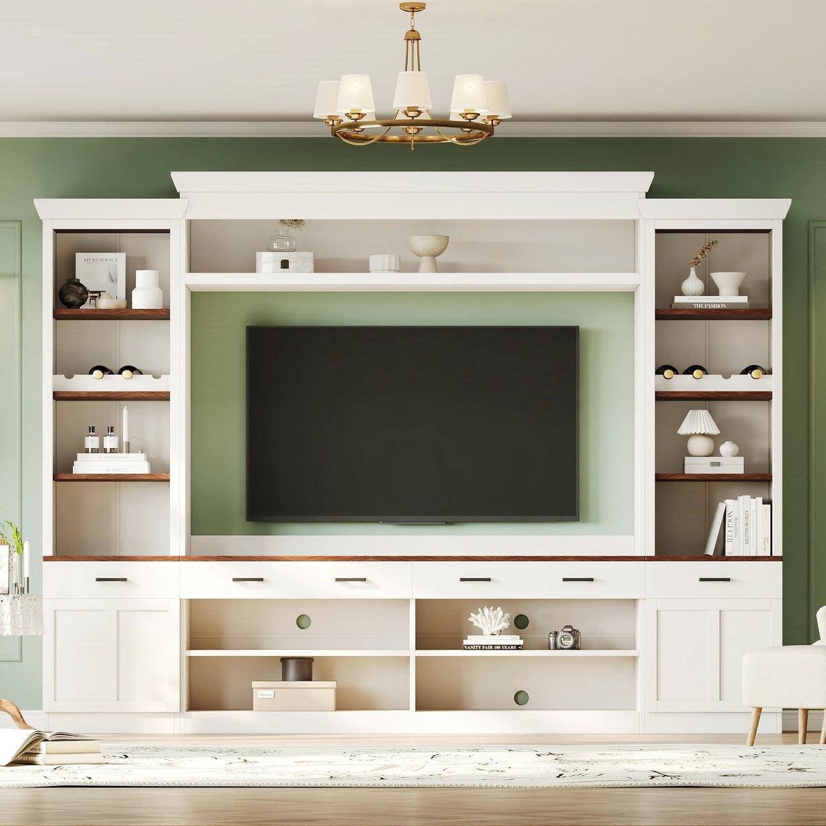 Farmhouse 4-Piece Entertainment Center with Bookshelf for TVs Up to 70" - Walnut MDF