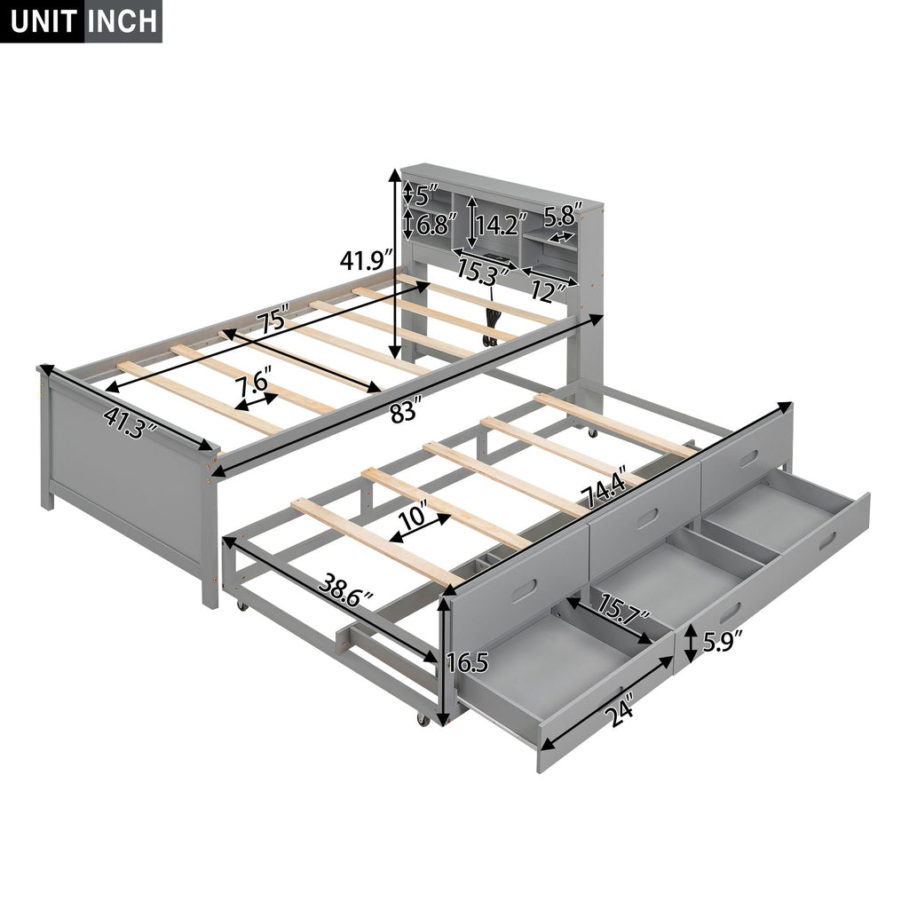 Platform Bed with Storage Headboard, USB, Trundle & 3 Drawers - Twin or Full