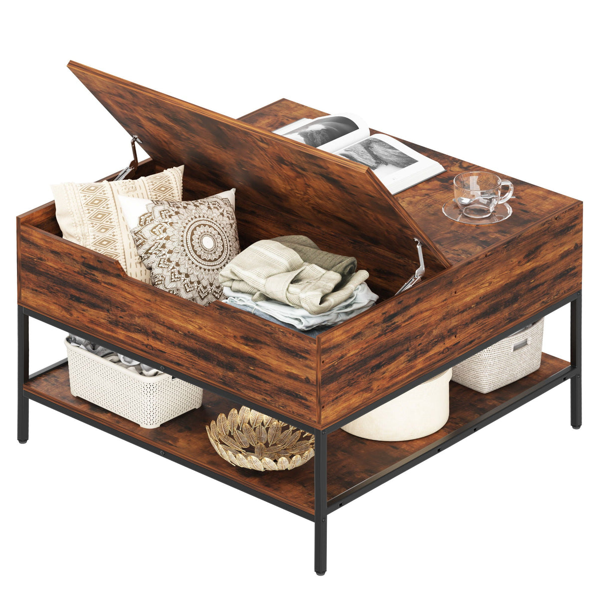 Rustic Flip Top Coffee Table With Hidden Storage - Black / Brown