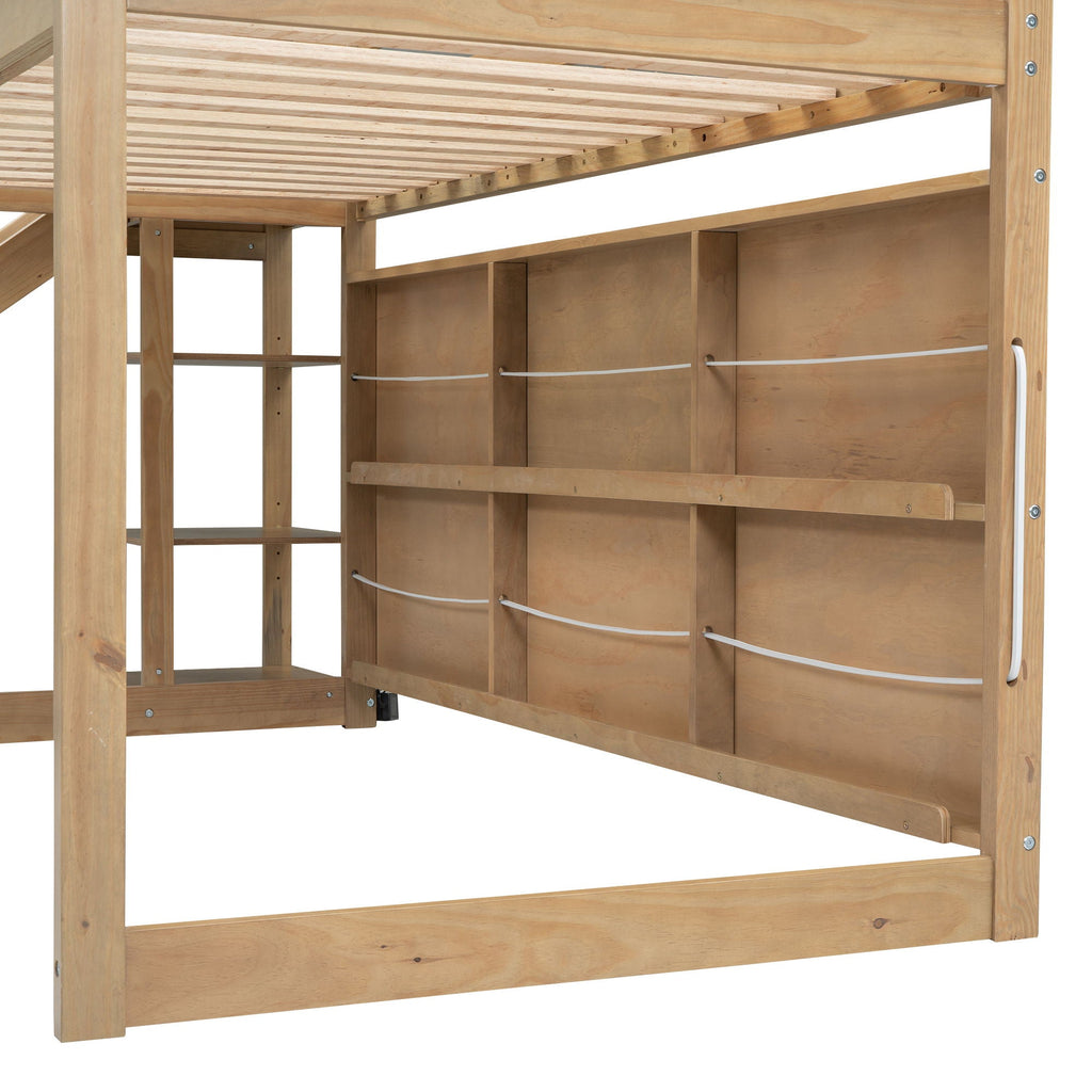 House Loft Bed with Slide and Storage Shelves - Twin with Light