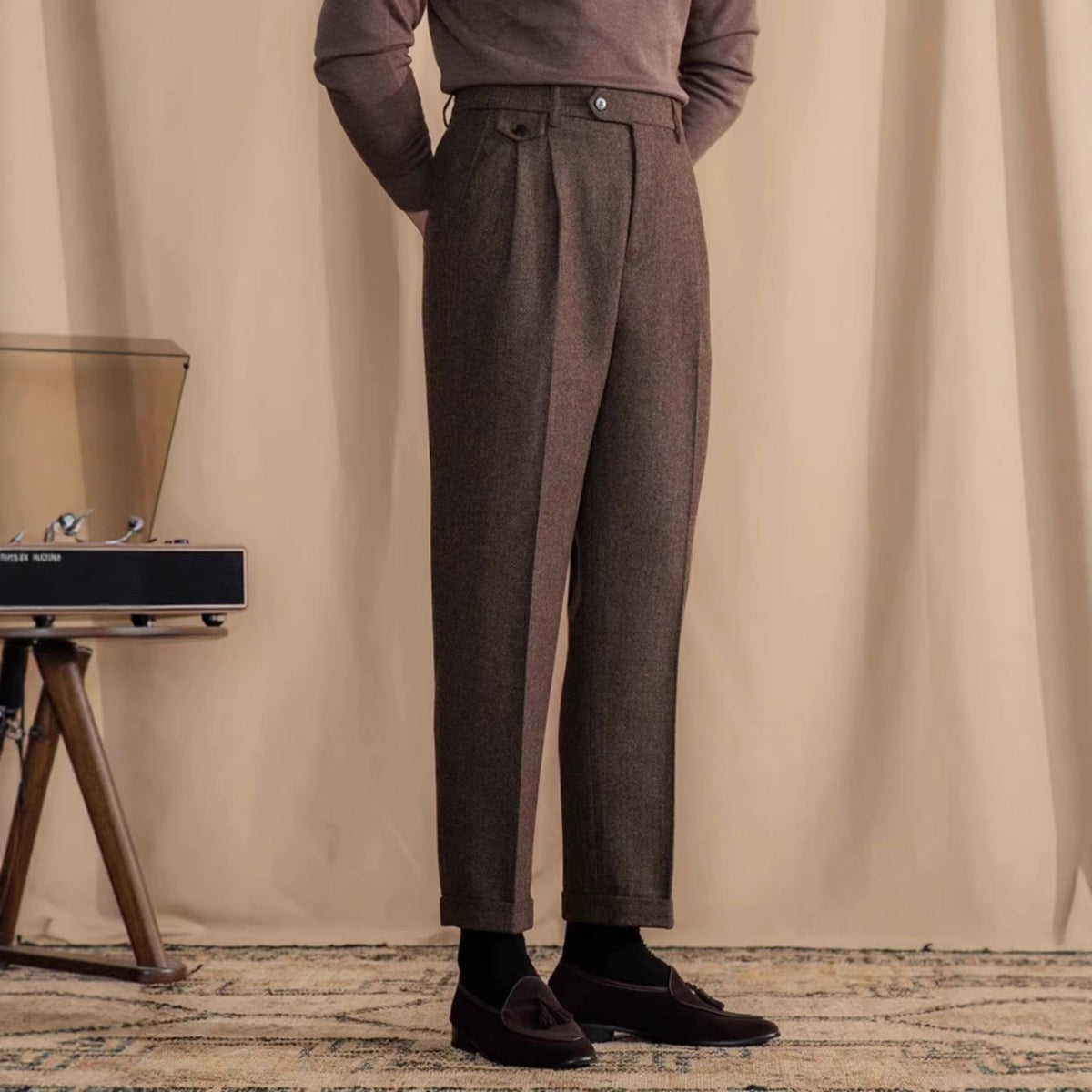 Mens Italian Herringbone Cropped Trousers