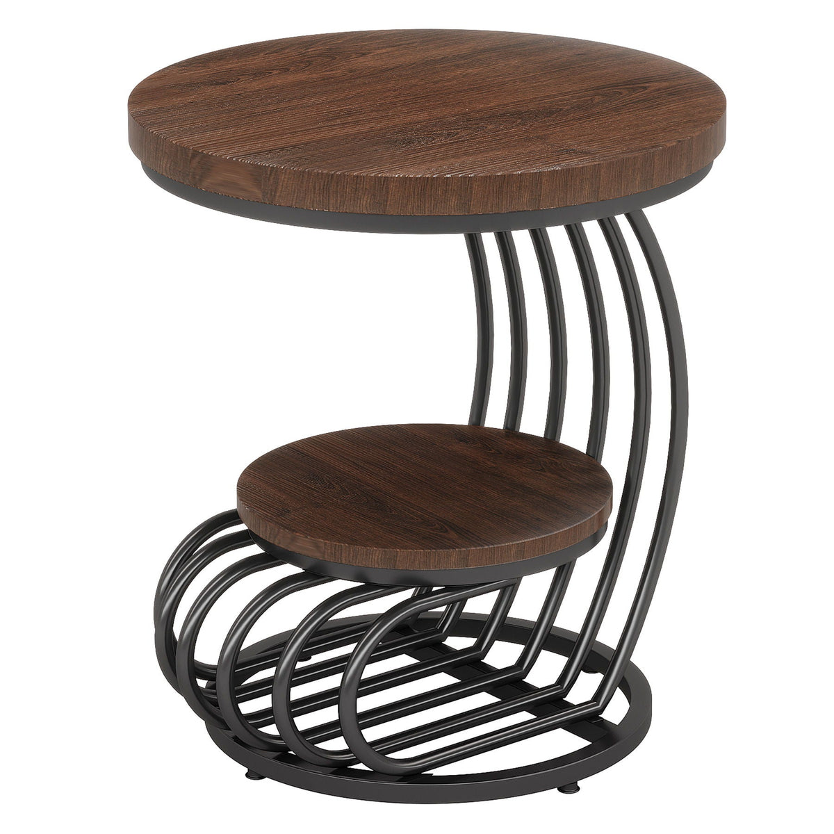 Round Vintage End Table with 2 Tier Storage - Dark Brown, Light Brown, White