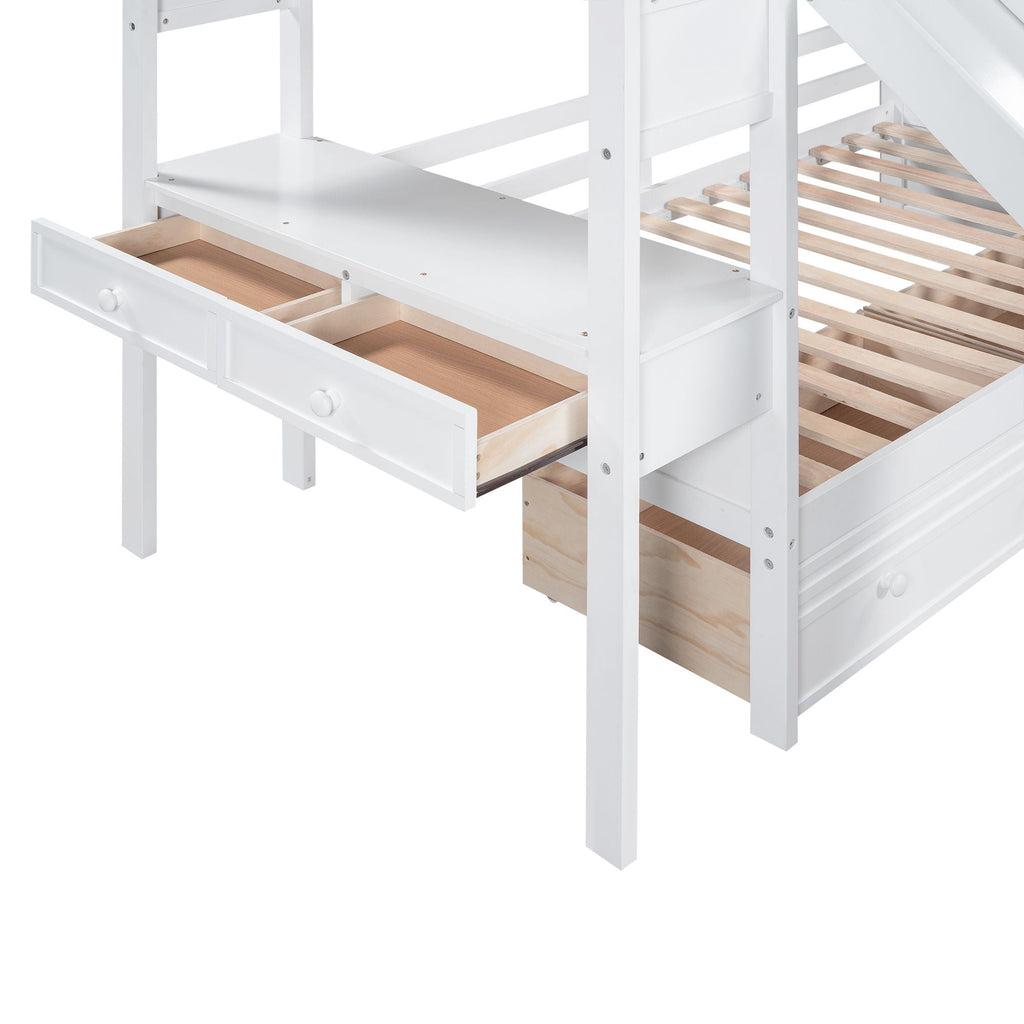 Bunk Bed With Storage Staircase, Slide, Desk, Drawers, And Shelves