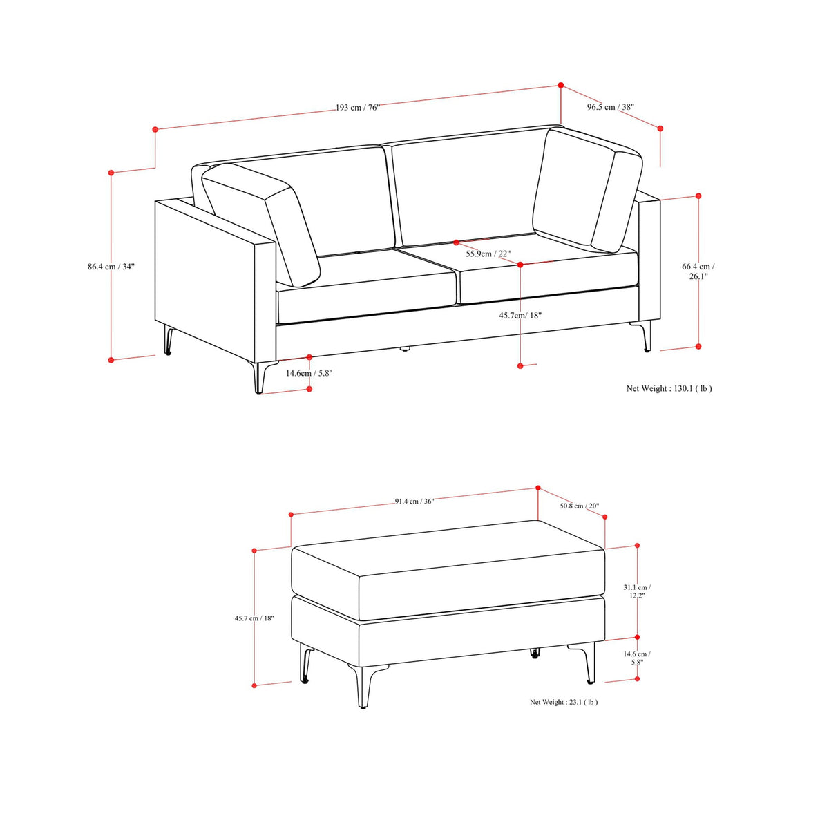Mid Century Sofa With Ottoman Set in Performance Fabric - Dark Gray or Beige