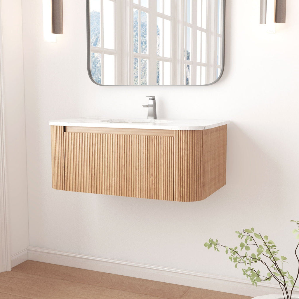Light Brown Wall Mounted Bathroom Vanity with Sink - Curved Front