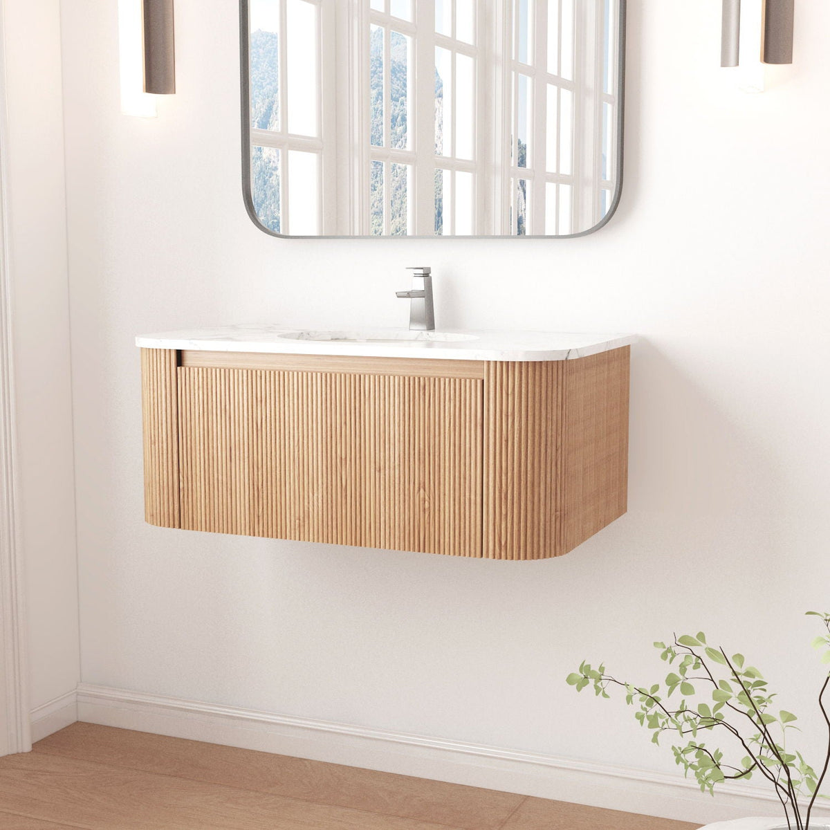 Light Brown Wall Mounted Bathroom Vanity with Sink - Curved Front
