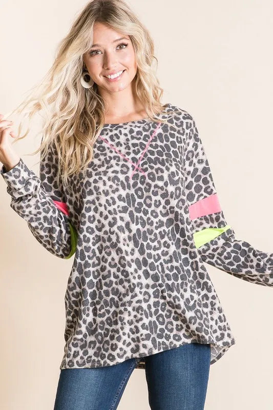 BiBi Leopard Thermal Top with Contrast Color Block