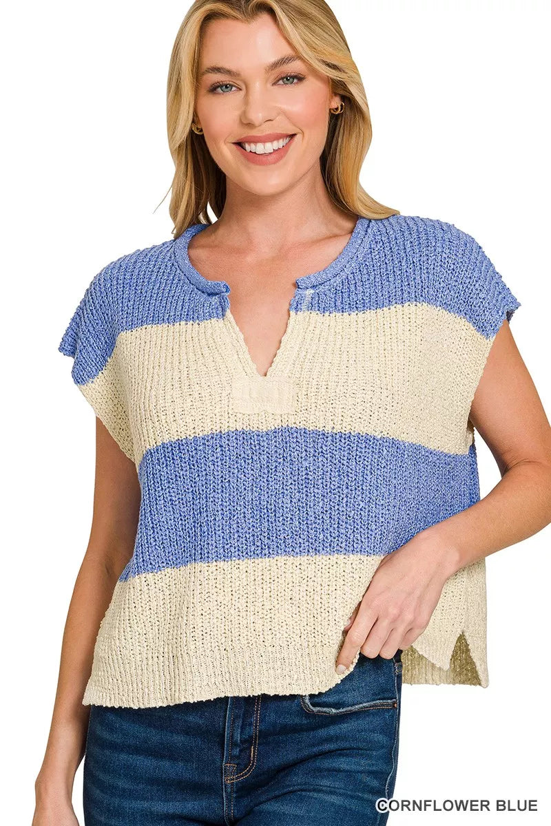 Zenana Split Neck Sleeveless Stripe Sweater