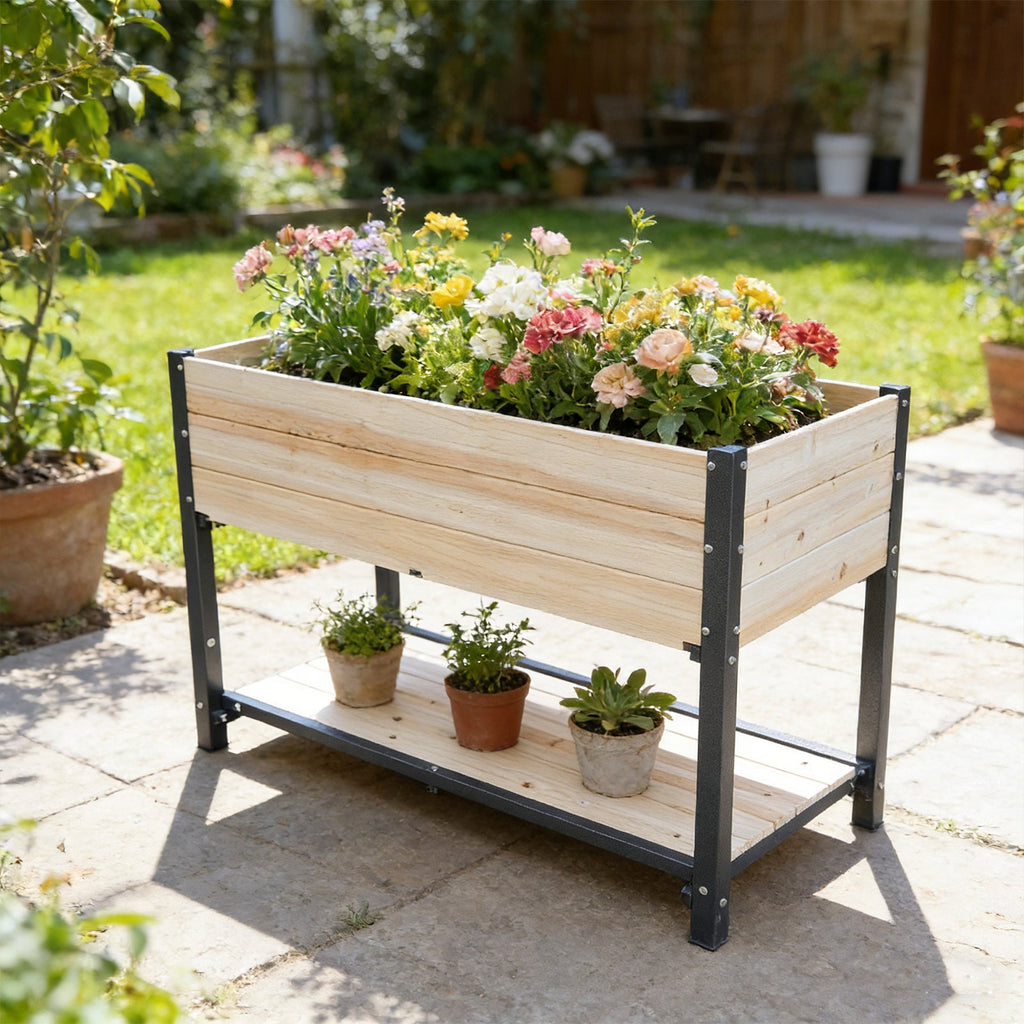 Solid Wood Raised Garden Bed with Iron Frame - Natural Wood