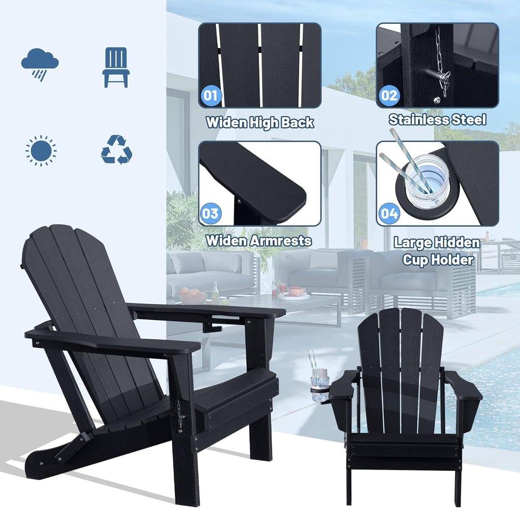 Black Folding Adirondack Chair with Cup Holder - HDPE Outdoor Patio Seating